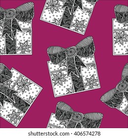 Seamless vintage gift with ribbon pattern on the pink background. For greeting, invitation and other card. For adult coloring book page design.