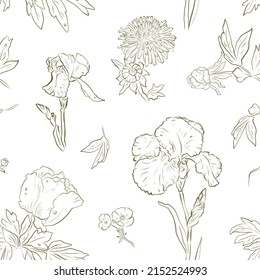 Seamless vintage golden vector pattern with iris and dandelions flowers. Spring mood. Maybe use for wallpaper, textile or card, wedding design.