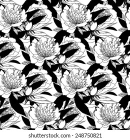 Seamless vintage graphic floral background with peonies. Vector hand drawn pattern. Black and white.