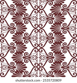 Seamless vintage Greek key pattern in a classic burgundy and white color palette. Intricate, repeating design featuring a traditional Greek key motif with floral accents. 