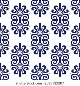 Seamless vintage Greek key pattern in a classic blue and white color palette. Intricate, repeating design featuring a traditional Greek key motif with floral accents. Ideal for adding a touch of elega