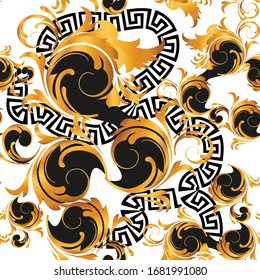 Seamless vintage greek meander border and golden baroque print pattern.