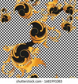 Seamless vintage greek meander border and golden baroque print pattern.