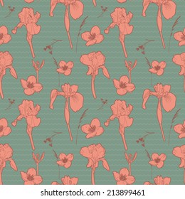 Seamless vintage green floral pattern with orange iris