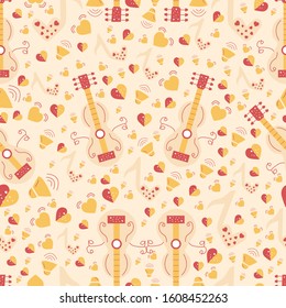Seamless Vintage Guitar and Love Music Patterns Hand Drawn Vector Style. Design for your Background, Template, and etc.