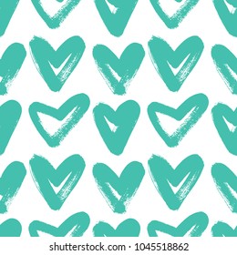 Seamless vintage heart background in mint tones. Expressive dry brushes.
