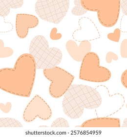 Seamless vintage Hearts pattern with Craft paper and stitched and textured details. Torn paper hearts seamless for print, wallpaper, packaging, textile and other design. Vector illustration