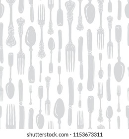 Seamless Vintage Heirloom Silverware - Fork, Spoon, Knife - Vector Repeat Pattern in Subtle Gray on Light Background. Great for fabric, scrapbooking, home decor, textiles, backgrounds.