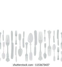 Seamless Vintage Heirloom Silverware Horizontal Border Vector Repeat Pattern in Subtle Gray Green Palette on Light Background. Great for fabric, scrapbooking, home decor, textiles, backgrounds.