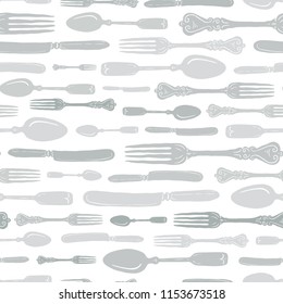 Seamless Vintage Heirloom Silverware Horizontal Stripe Vector Repeat Pattern in Subtle Gray Green Palette on Light Background. Great for fabric, scrapbooking, home decor, textiles, backgrounds.