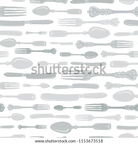 Seamless Vintage Heirloom Silverware Horizontal Stripe Vector Repeat Pattern in Subtle Gray Green Palette on Light Background. Great for fabric, scrapbooking, home decor, textiles, backgrounds.