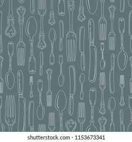 Seamless Vintage Heirloom Silverware Outline Vertical Stripe Vector Repeat Pattern in Subtle Gray on Green Background. Great for fabric, scrapbooking, home decor, textiles, backgrounds.