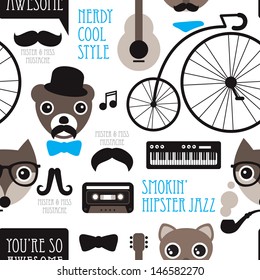 Seamless vintage hipster animal jazz music illustration background pattern in vector