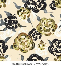 Seamless vintage inspired floral pattern featuring stylized blossoms and leaves in earthy tones. Decorative botanical illustration with classic elegance, ideal for textile prints, wallpaper, wrapping paper, and surface design.