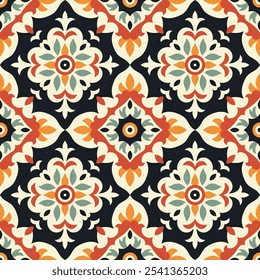 Un patrón de azulejo de inspiración vintage sin costuras con intrincados motivos florales y geométricos. Ideal para textiles, Fondos de pantalla, decoración del hogar y varios proyectos creativos.