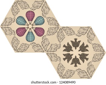 seamless vintage kaleidoscope pattern with clouds, birds and air balloon