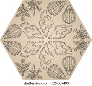 seamless vintage kaleidoscope pattern with clouds, birds and air balloon