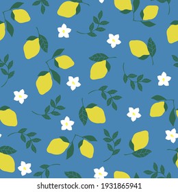 seamless vintage lemon pattern. blue background. yellow lemons ,white flowers. vector texture. trendy print for textiles and wallpaper.