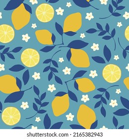 patrón de limón vintage sin costuras. fondo azul.  limones amarillos, flores blancas. textura vectorial. impresión de moda para textiles y papel pintado.
