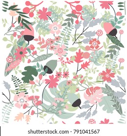 Seamless Vintage Light blue and pink wild flower and leaf pattern,joyful tropical woodland style,for invitation wedding card background,freehand illustration vector