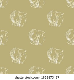Seamless vintage monochrome pattern with heads of ancient Greek goddess Athena Pallas in a helmet. White silhouettes on yellow background. Hand drawn linear sketches.