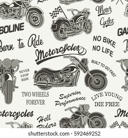 Seamless Vintage Motorcycle Silhouette Background.