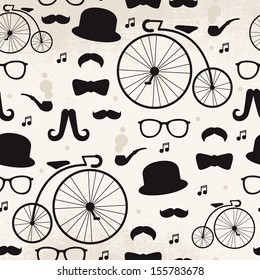 Seamless vintage mustache hipster jazz music illustration background pattern in vector 