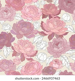 Nahtloses Klassisches altes Papiermuster mit Pfingstrosenblumen. Botanik. Vektorillustration der Blumendekoration für den Druck.