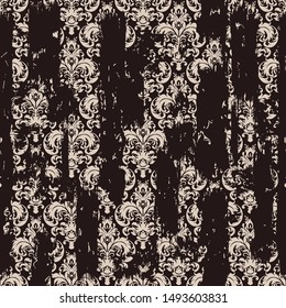 Seamless vintage oriental pattern with an effect of attrition. Freehand drawing. Template seamless damask pattern on black background. Vector illustration