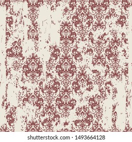 Seamless vintage oriental pattern with an effect of attrition. Freehand drawing. Template seamless damask pattern in burgundy and beige colors. Vector illustration