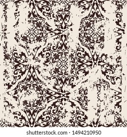 Seamless vintage oriental pattern with an effect of attrition. Freehand drawing. Template seamless damask pattern in black and beige. Vector illustration