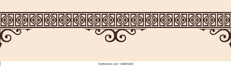 Seamless vintage ornament with elements of Gothic style. Brown pattern on a beige background.