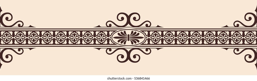 Seamless vintage ornament with elements of Gothic style. Brown pattern on a beige background.