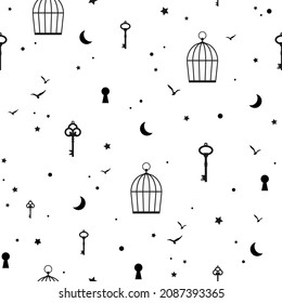 Seamless vintage ornament with keys, birdcage, moon and stars. Retro pattern on white. Mystery, mystic and clue and magic wallpaper. Fairytale, fantasy  background