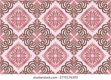 Seamless vintage ornamental pattern featuring intricate damask floral motifs in soft pink and red tones on a light pastel background. Elegant symmetrical design with decorative baroque elements, ideal for wallpaper, textile, fabric print, wrapping paper, and interior decoration. Classic luxury style with repeating geometric layout.
