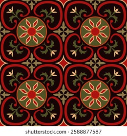 Seamless Vintage Ornamental Tile Pattern, Decorative Floral and Geometric Design in Red, Green, and Black, Elegant Traditional Art for Wallpaper, Textiles, and Interior Decoration