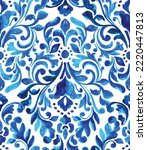  Seamless vintage ornamental watercolor paint pattern for fabric and ceramic tile. Indigo Portuguese abstract filigree background. Classic Blue damask, hand drawn floral design.