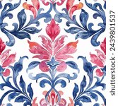 Seamless vintage ornamental watercolor paint pattern for fabric and ceramic tile. Royal, Portuguese abstract background. Classic ethnic damask, hand drawn floral design.