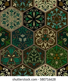 Seamless vintage ornate hexagon vector pattern. Retro floral wallpaper.