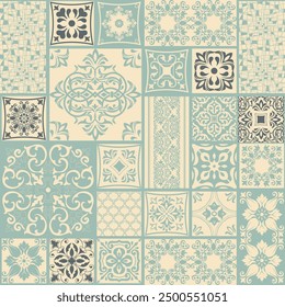 Nahtloses Vintage-Patchwork. Azulejo-Fliese. Vintage Grunge Stoff Dekor. Nahtloser Teppich. Originelle portugiesische und spanische Dekoration. Vektorgrafik.