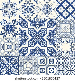 Seamless vintage patchwork from Azulejo tiles. Vintage grunge fabric decor. Seamless carpet. Original traditional Portuguese and Spain decor. Vector illustration.