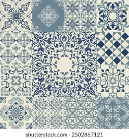 Seamless vintage patchwork from Azulejo tiles. Vintage grunge fabric decor. Seamless carpet. Original traditional Portuguese and Spain decor. Vector illustration.