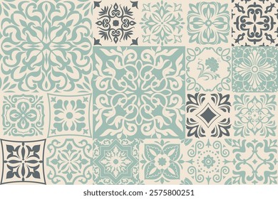 Seamless vintage patchwork with damask motif. Azulejo tile. Vintage grunge fabric decor. Seamless carpet. Original traditional Portuguese and Spain decor. Vector illustration.