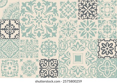 Seamless vintage patchwork with damask motif. Azulejo tile. Vintage grunge fabric decor. Seamless carpet. Original traditional Portuguese and Spain decor. Vector illustration.