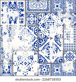 Seamless vintage patchwork with an effect of attrition. Azulejo tile. Vintage grunge fabric decor. Seamless carpet. Original traditional Portuguese and Spain decor. Vector illustration.