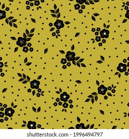abstracto de patrón vintage sin costura. puntos negros. fondo de mostaza. flores negras y hojas. textura vectorial. impresión de tendencia para textiles y papel pintado.