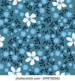 Seamless vintage pattern abstract. blue background ,large white flowers . small blue flowers .dark leaves. vector texture. trend print for textiles and wallpaper.