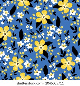 Seamless vintage pattern abstract. bright ornament. wonderful yellow and white flowers, black leaves on a blue background. vector texture. trend print for textiles, wallpaper and packaging.