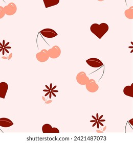 Seamless vintage pattern of abstract cherries and flower with heart elements.