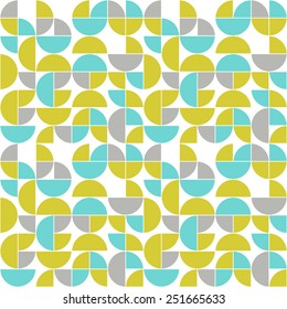 Seamless vintage pattern.  Abstract colored circles, semicircles and quadrants (blue, yellow and grey ) on the white background